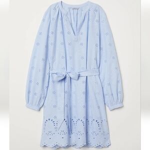 H&M Light Blue Broderie Anglaise Dress with Tie Belt, Medium, NWOT